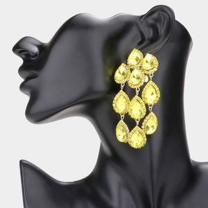 Yellow Fringe Dangle Crystal Clip On Earrings 3.5 Inch Tear Drop ClipOns Jewelry